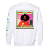 Back view of white crewneck sweatshirt featuring a vibrant Alice Coltrane portrait with spiritual symbols and text on the sleeves