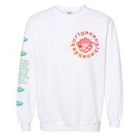 Front view of a white crewneck sweatshirt with a vibrant pink and yellow mandala design on the chest, featuring the words 'Kuriya Sanga,' and spiritual text on the sleeve with lotus symbols in blue and yellow