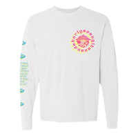 Front view of a white long sleeve T-shirt with a vibrant pink and yellow mandala design on the chest, featuring the words 'Kuriya Sanga,' and spiritual text on the sleeve with lotus symbols in blue and yellow.