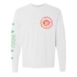 Front view of a white long sleeve T-shirt with a vibrant pink and yellow mandala design on the chest, featuring the words 'Kuriya Sanga,' and spiritual text on the sleeve with lotus symbols in blue and yellow.