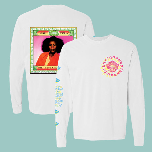 Alice Coltrane tribute shirt with a large portrait on the back and spiritual text graphic on front and sleeves