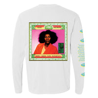 Back view of a white long-sleeve shirt featuring an album cover image of Alice Coltrane in a bright orange robe against a pink background, framed with green lotus patterns. The sleeve has blue and yellow lotus symbols and text that reads, 'When you quiet your mind, you can enter a world of clarity, peace, and understanding'