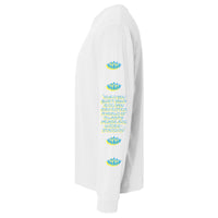 Side view of a white crewneck long sleeve T-shirt with lotus symbols and spiritual text in blue and yellow, featuring the quote 'When you quiet your mind, you can enter a world of clarity, peace, and understanding'