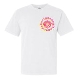 Front view of a white T-shirt with a vibrant pink and yellow mandala design on the chest, featuring the words 'Kuriya Sanga'