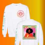 White crewneck sweatshirt featuring colorful Alice Coltrane artwork on the back and neon pink and yellow spiritual symbols with blue and yellow text on the sleeves