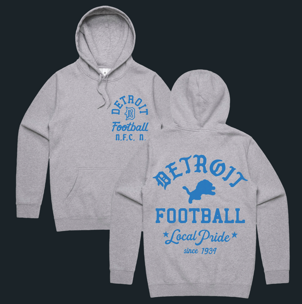 Detroit Football gray hoodie with Lions Honolulu Blue logo on front and back