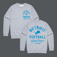 Gray crewneck sweatshirt with 'Detroit Football' and a lion graphic in Honolulu blue ink on the back, and 'Detroit Football N.F.C. N.' on the front