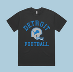 Black Detroit football T-shirt with blue and gray helmet graphic