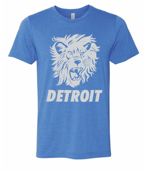 Heather blue T-shirt featuring a white lion head graphic with Detroit text