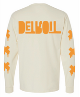 Custom Detroit baseball long-sleeve shirt with tiger and backwards D design, cream shirt with orange sleeve graphics