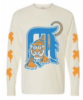 Cream long-sleeve shirt featuring blue and orange Detroit Tigers-inspired backwards D logo