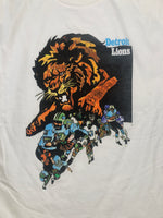 Close-up of Vintage Detroit Lions poster-inspired T-shirt with roaring lion graphic and football action scene