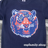 Close-up of custom-designed Detroit navy T-shirt featuring a large third-eye tiger head design in blue and orange