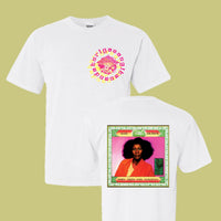 Custom Alice Coltrane T-shirt featuring a vibrant portrait on the back and psychedelic graphic on the front