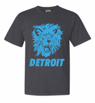 Charcoal Gray Detroit tee with large blue lion face custom design