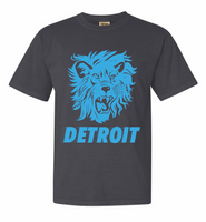 Charcoal Gray Detroit tee with large blue lion face custom design