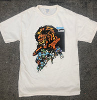 Vintage Detroit Lions poster-inspired T-shirt with roaring lion graphic and football action scene