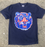 Custom-designed Detroit navy T-shirt featuring a large third-eye tiger head design in blue, white, and orange