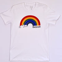 White T-shirt featuring a rainbow design with the word 'Detroit' in bold, perfect for showing local pride