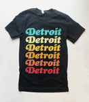 Navy t-shirt with multicolored 'Detroit' text repeated in gradient teal to red