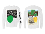 Front and back view of a white long-sleeve shirt inspired by the abstract artwork of Ellsworth Kelly. The front features a black and white pattern with a bold green shape overlay, and the back includes a collage-style design featuring nature-inspired elements, a yellow square, and a vintage photo. 'Ellsworth Kelly' is printed down the sleeve and across the back, suggesting artistic influence rather than a direct reproduction of Kelly's works