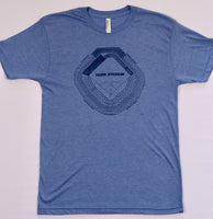 Heather blue t-shirt with a minimalist blueprint of Tiger Stadium printed in dark blue