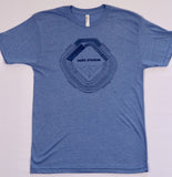 Heather blue t-shirt with a minimalist blueprint of Tiger Stadium printed in dark blue