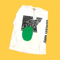 Custom-designed long-sleeve shirt with black and white abstract graphics, a bold green oval, and 'Ellsworth Kelly' printed on the sleeve. This unique piece features a modern artistic design with geometric elements.
