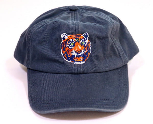 Washed Navy dad cap baseball hat with embroidered orange blue and white third eye tiger