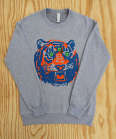 Gray crewneck sweatshirt with vibrant Detroit third-eye tiger graphic in blue, orange, and green