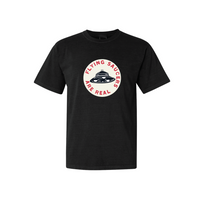 Black UFO-themed T-shirt with Flying Saucers Are Real text and cream and red saucer graphic