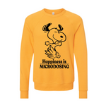 Yellow crewneck sweatshirt featuring a cartoon Snoopy with the text 'Happiness is Microdosing' below in black ink