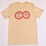 Light tan t-shirt with two intertwined circles displaying the text 'Hippies Create Police, Police Create Hippies' in red and blue font