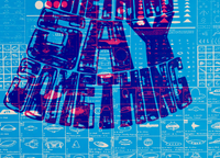 Close up shot of blue and white psychedelic UFO print with 'Say Something' text in bright pink overlay 