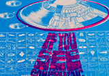 Close-up of blue and white psychedelic poster with a large UFO and 'If you see something' in pink overlay text